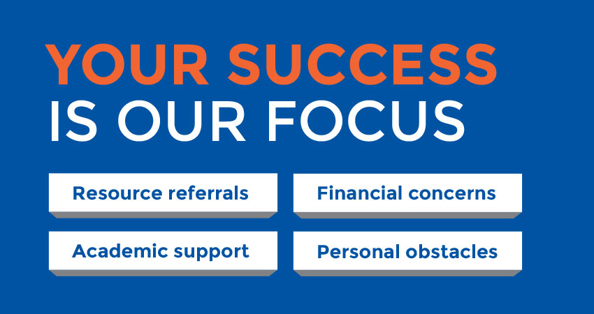 Your success is our focus Resource referrals, financial concerns, academic support, personal obstacles.